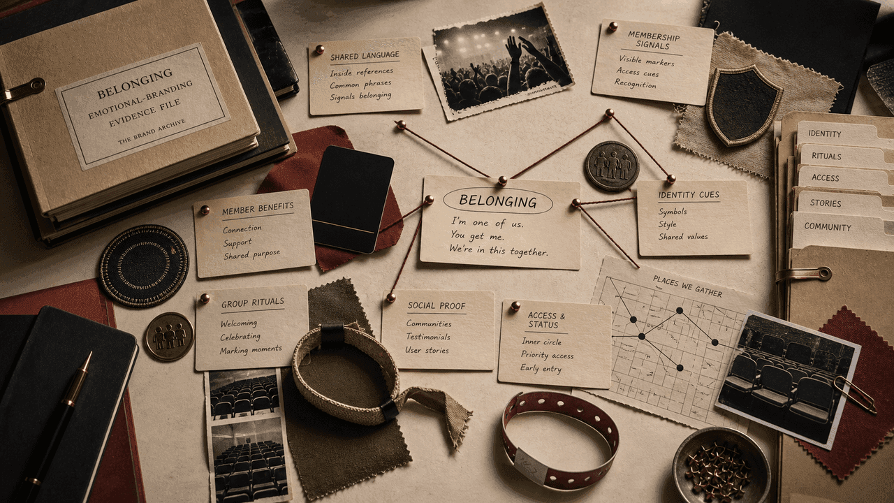 Premium archive-table still-life for belonging in emotional branding with membership tokens, patches, ritual notes, and shared signal artifacts.