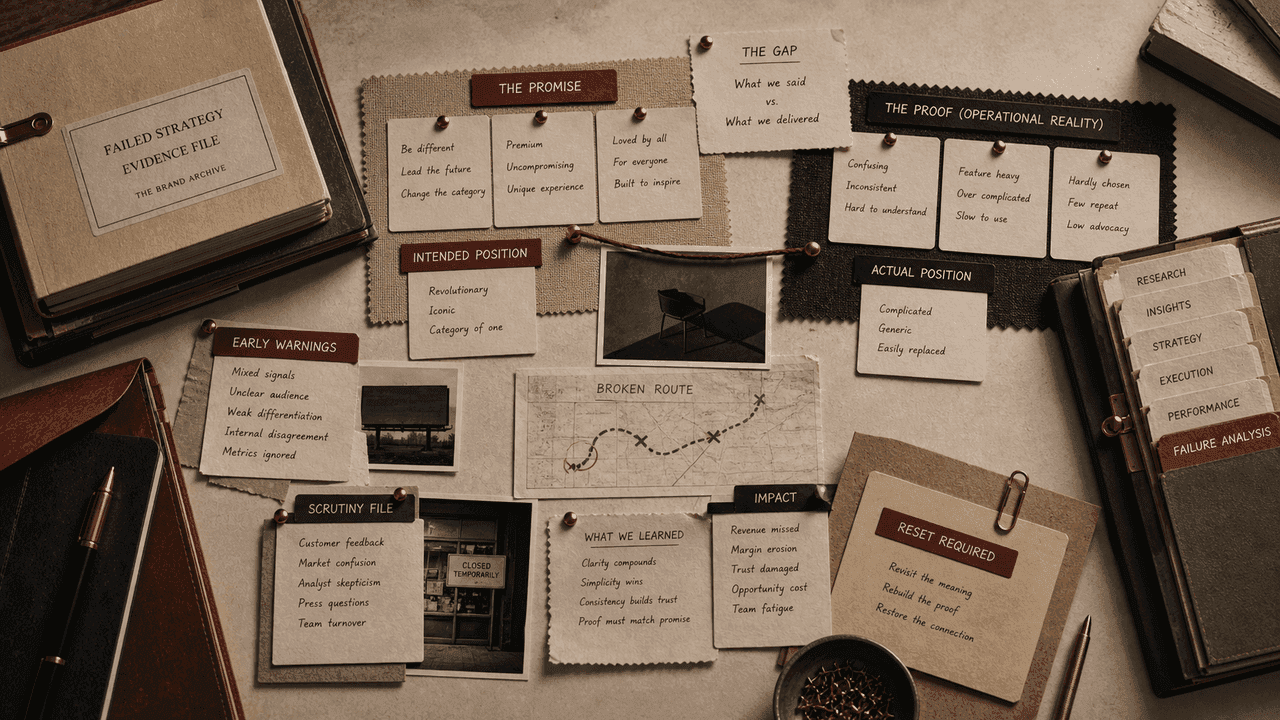 Premium archive-table still-life for failed brand strategy with promise cards, proof-gap files, warning tabs, scrutiny notes, and reset folders.