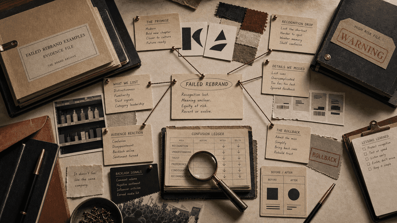 Premium archive-table still-life for failed rebrand examples with discarded mark cards, recognition cue fragments, backlash notes, rollback stamps, and warning files.