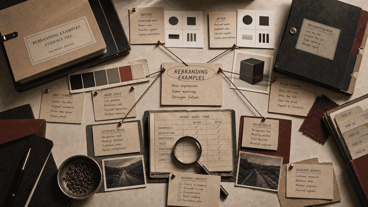 Premium archive-table still-life for rebranding examples with before-and-after identity cards, recognition-risk tabs, proof ledgers, and route files.