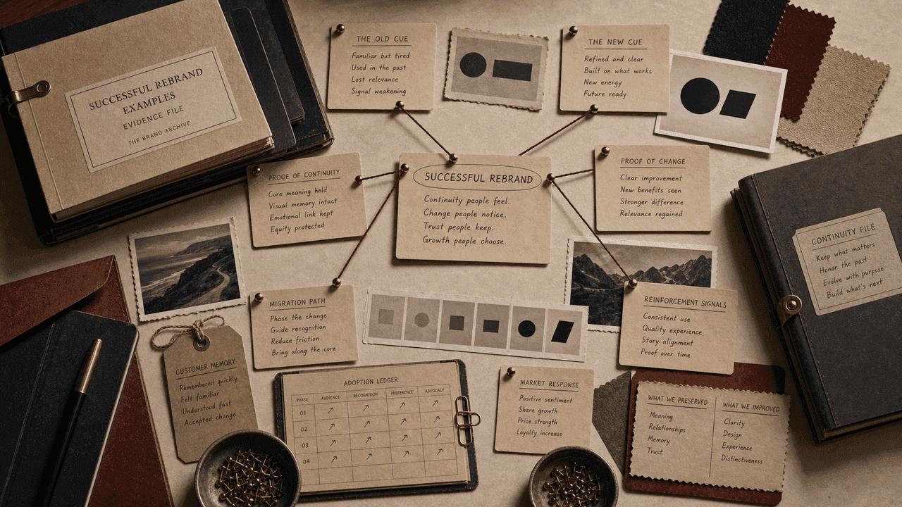 Premium archive-table still-life for successful rebrand examples with old and new cue cards, migration strips, adoption ledgers, proof notes, and continuity files.