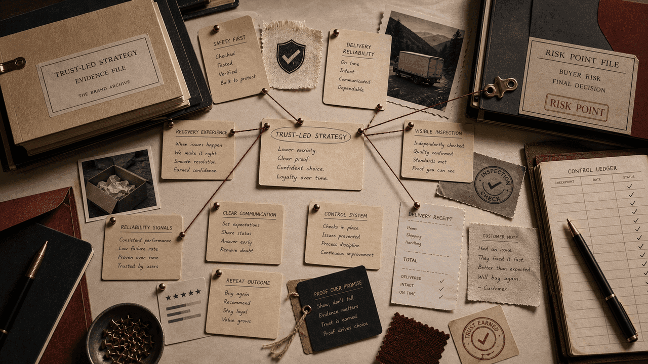 Premium archive-table still-life for trust-led brand strategy with a proof stack, safety checklist, delivery receipt, recovery note, and control ledger.