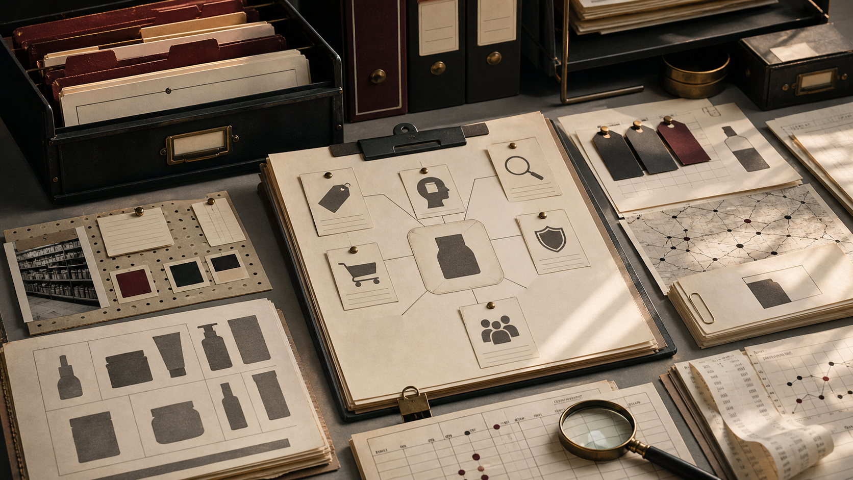 Archive table with brand equity ledgers, recognition notes, price-premium cards, trust files, and case folders.