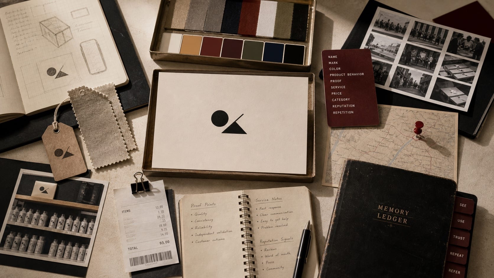 Premium archive-table still-life for a branding definition with cue cards, proof files, memory notes, recognition checks, and customer decision markers.