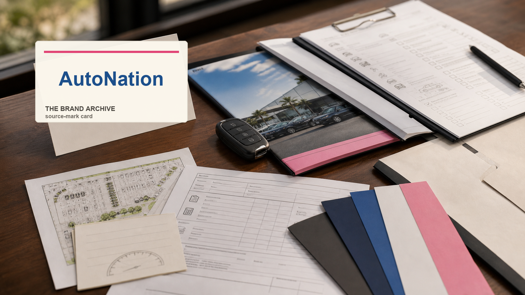 Premium editorial archive still-life of an AutoNation dealer network case with AutoNation source-mark card, generic car key fob, dealership folder, inspection checklist, financing worksheet, service bay ticket, lot map, odometer card, and color swatches