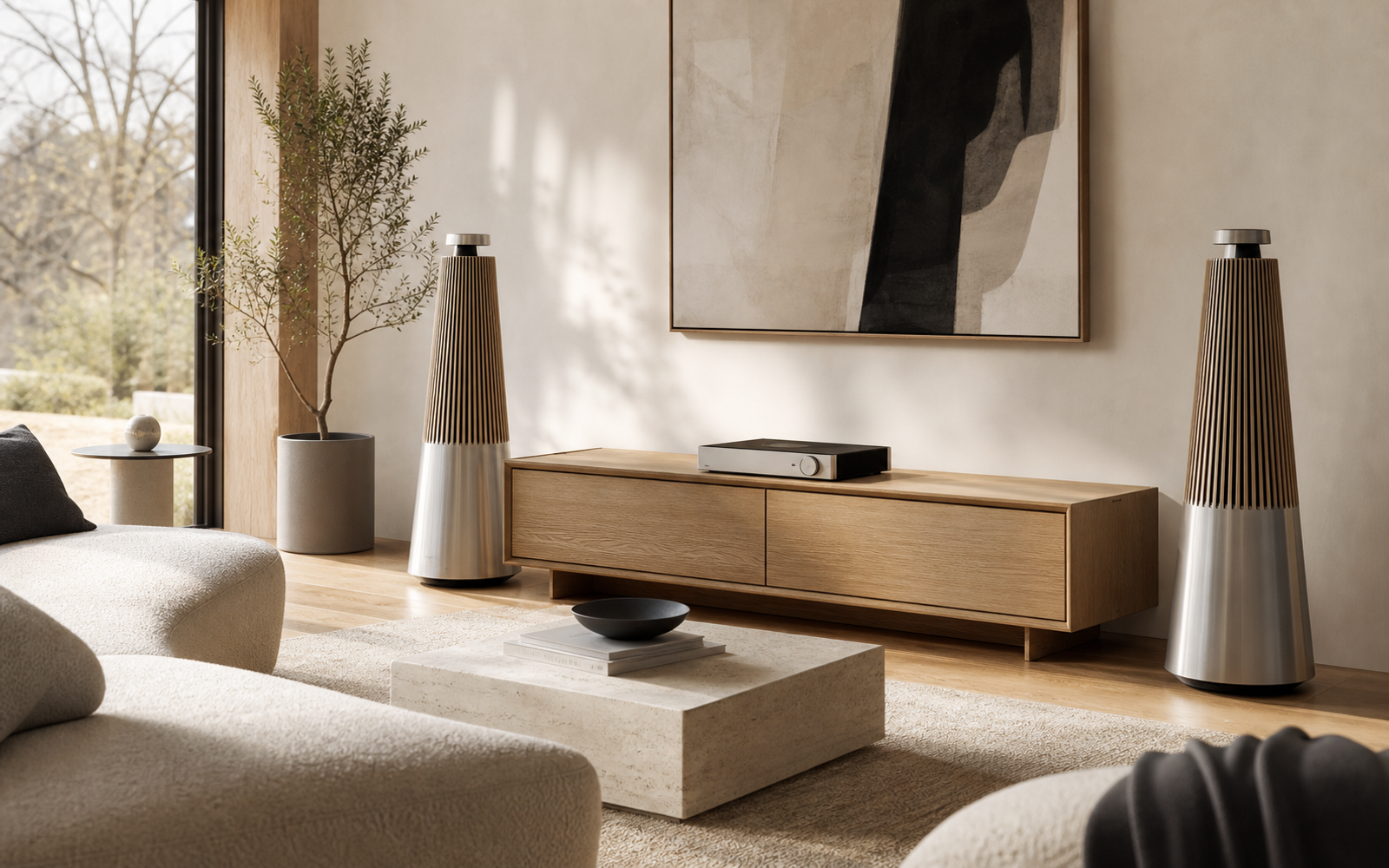 Premium Bang and Olufsen-style Scandinavian living room with sculptural speakers, oak, and aluminum without logos.