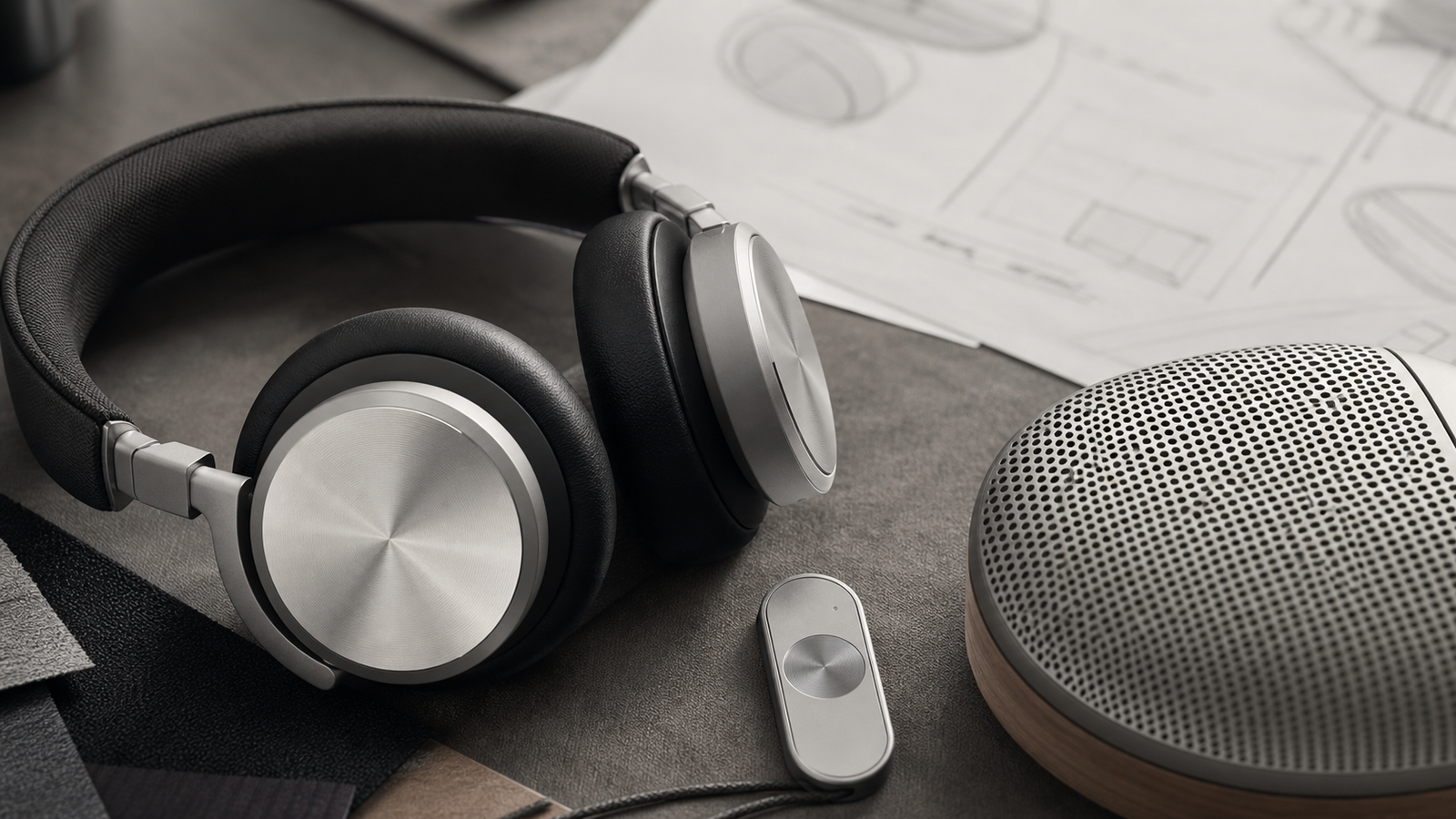 Premium Bang and Olufsen-style headphones, aluminum grille, fabric, and design table without logos.
