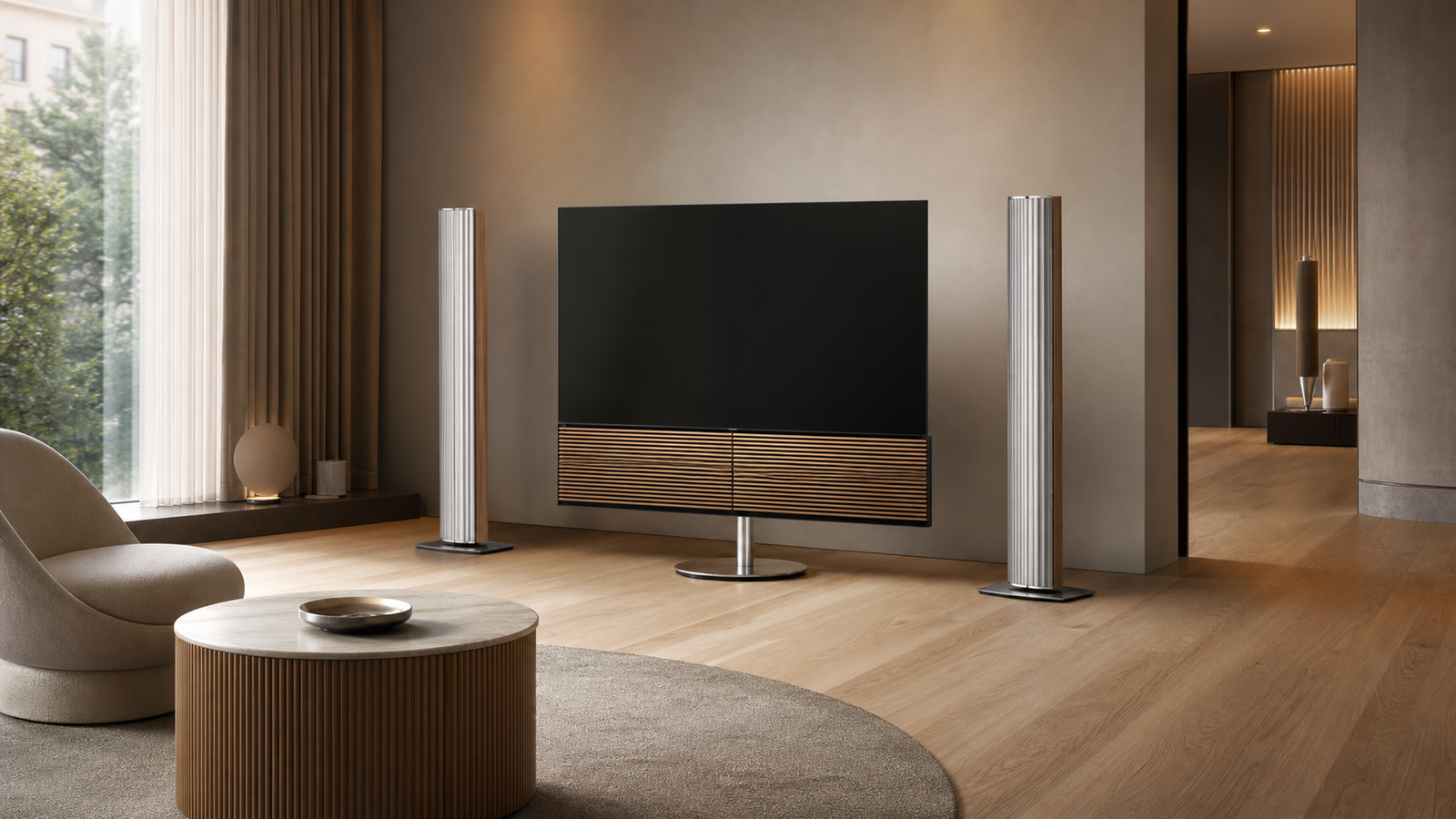Premium Bang and Olufsen-style listening salon with sculptural television and speakers without logos.