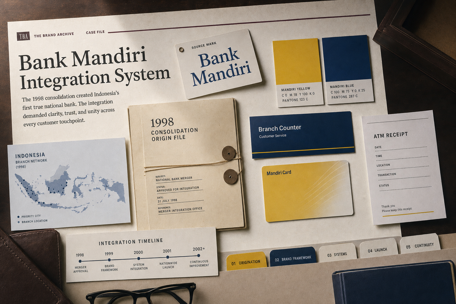 Premium editorial archive still-life of a Bank Mandiri yellow-blue integration case with source-mark card, yellow and blue swatches, 1998 bank consolidation origin file, blank bank card, branch counter card, ATM receipt mockup, Indonesia branch map, and integration timeline