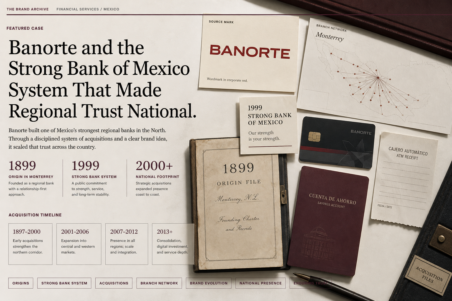 Premium editorial archive still-life of a Banorte strong bank of Mexico case with source-mark card, branch network map, blank bank card, savings passbook, ATM receipt, 1899 origin file, 1999 strong bank note, and acquisition timeline