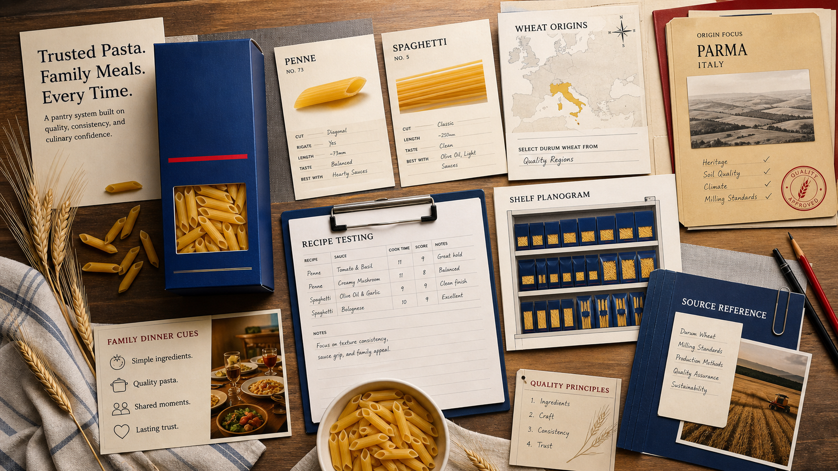 Premium editorial archive still-life of a Barilla pasta trust case with generic blue pasta box, penne and spaghetti sample cards, wheat origin map, Parma folder, recipe testing sheet, grocery shelf planogram, and source reference folder