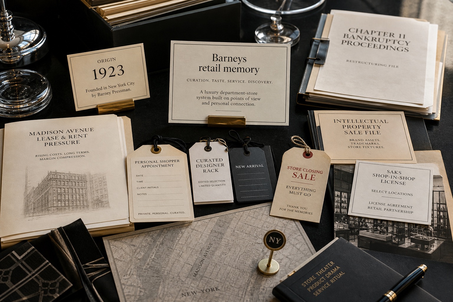 Premium editorial archive still-life of a Barneys New York failed luxury retail case with 1923 origin card, Madison Avenue lease and rent pressure folder, curated designer rack tags, Chapter 11 file, intellectual property sale file, store closing tag, and Saks shop-in-shop license card