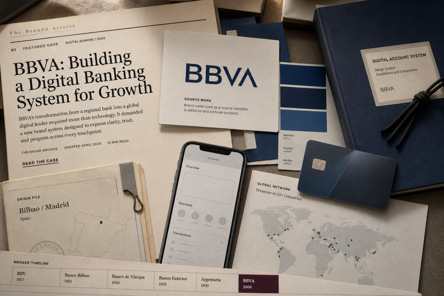 Premium editorial archive still-life of a BBVA blue digital banking case with source-mark card, blue swatches, blank bank card, mobile banking wireframe, Spain origin file, global network map, and merger timeline