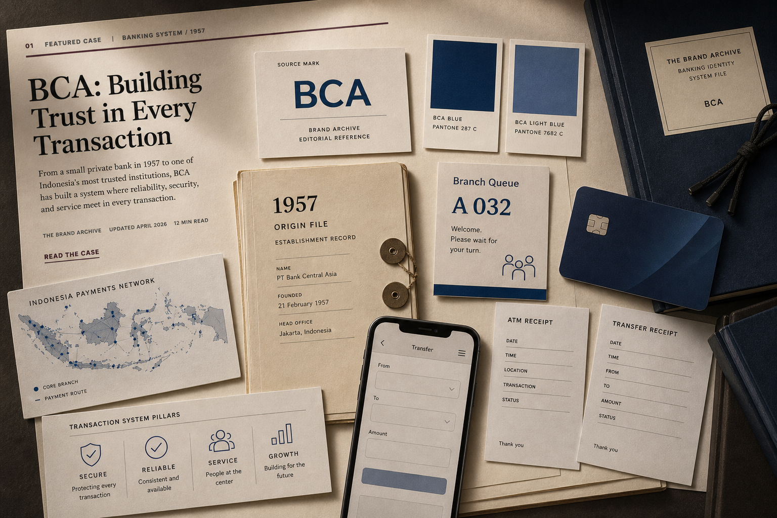 Premium editorial archive still-life of a BCA blue transaction banking case with source-mark card, blue transaction swatches, 1957 origin file, blank ATM card, payment receipt mockups, mobile transfer wireframe, branch queue card, and Indonesia payments map