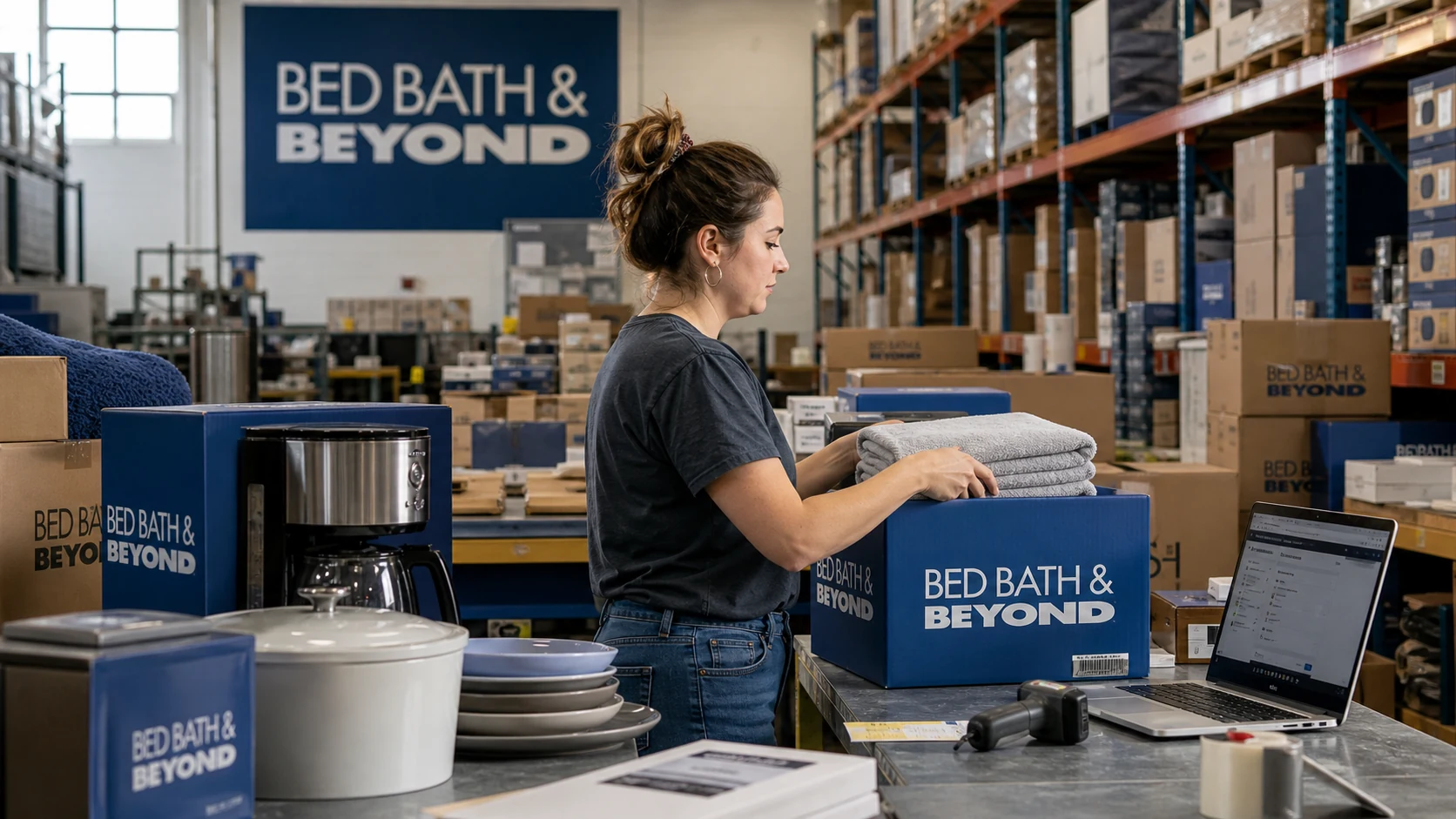 Warehouse handoff for Bed Bath & Beyond home goods orders.