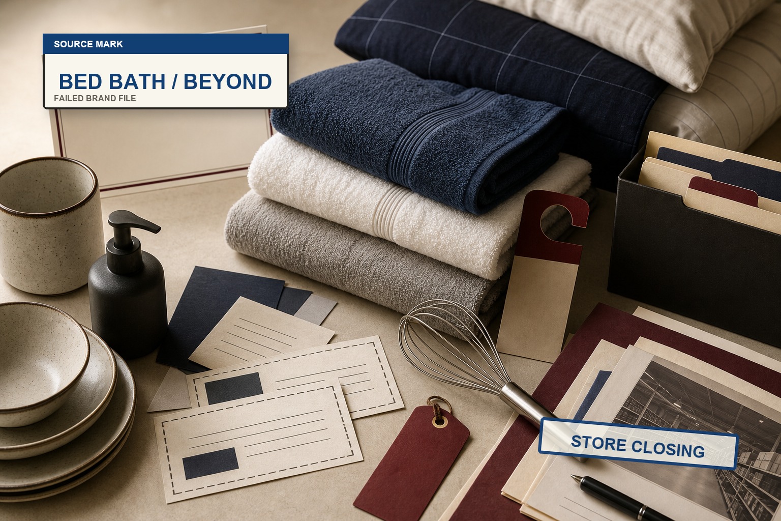 Premium editorial archive still-life of a Bed Bath and Beyond failed-brand case with coupon sheet, towel stack, store-closing tag, empty shelf map, liquidation ledger, and online brand-transfer note