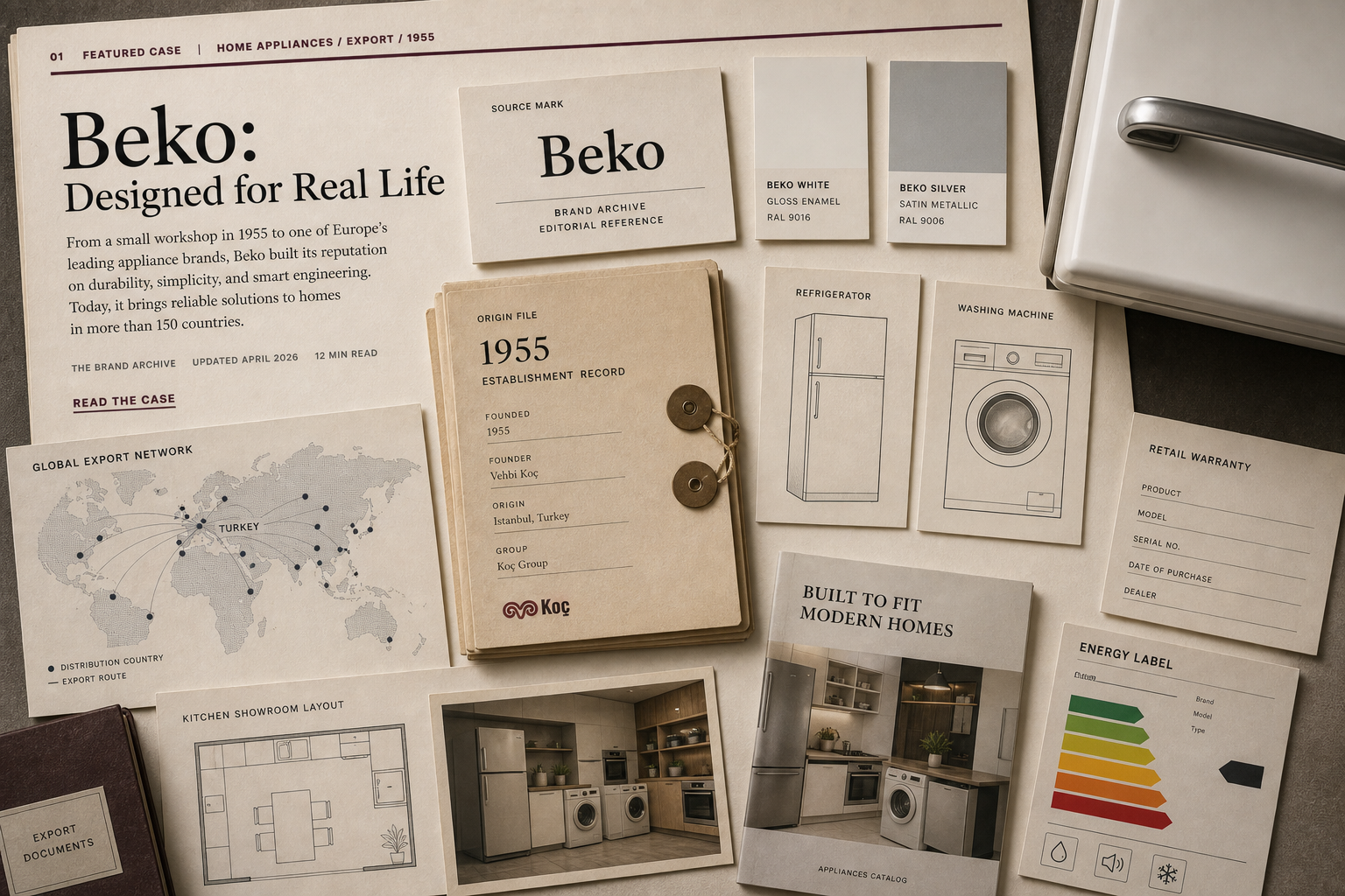 Premium editorial archive still-life of a Beko home appliance export case with source-mark card, appliance enamel swatches, refrigerator and washing machine outline cards, Turkish export map, retail warranty card, kitchen showroom plan, Koç origin file, and energy label mockup
