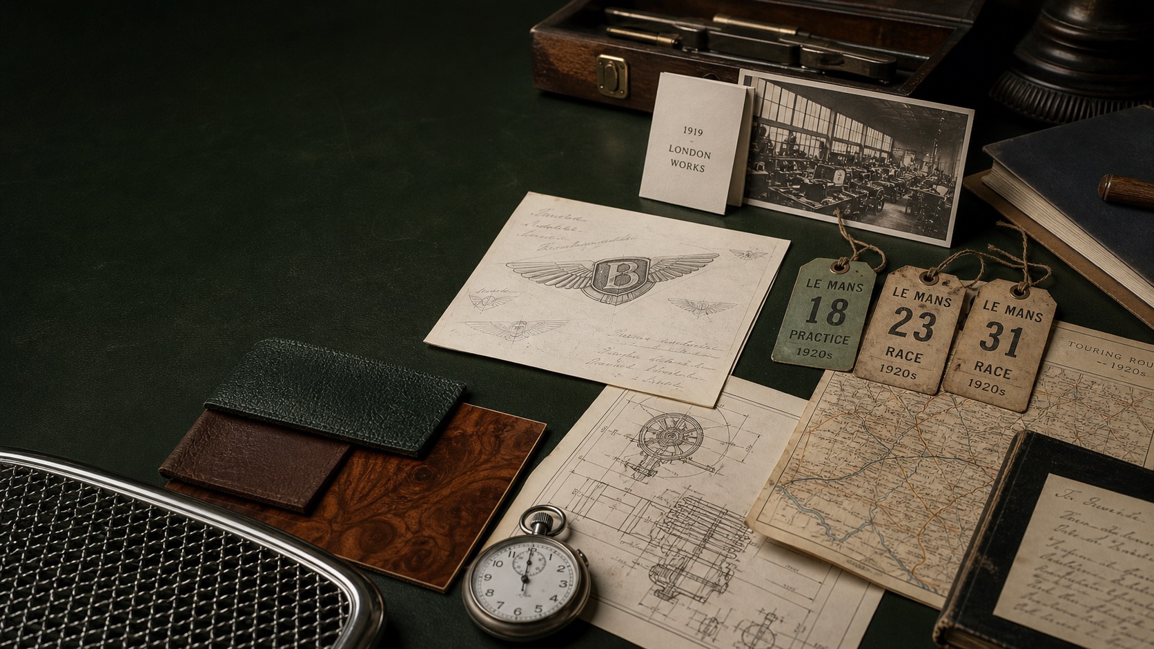 Premium editorial archive still-life of a Bentley grand-touring case with generic winged emblem study, 1919 London workshop card, Le Mans timing tags, touring route map, grille mesh sample, leather and walnut swatches, chronograph, and mechanical drawings