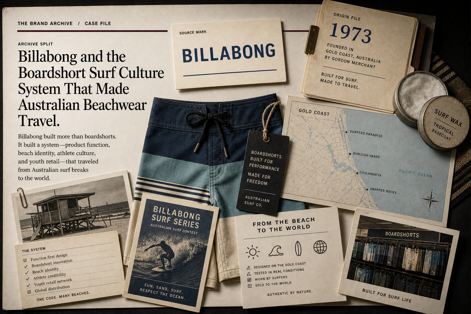 Premium editorial archive still-life of a Billabong boardshort surf culture case with source-mark card, boardshort fabric panel, surf wax, Gold Coast beach map, hang tag, contest poster without real athlete, retail rack card, and 1973 origin file