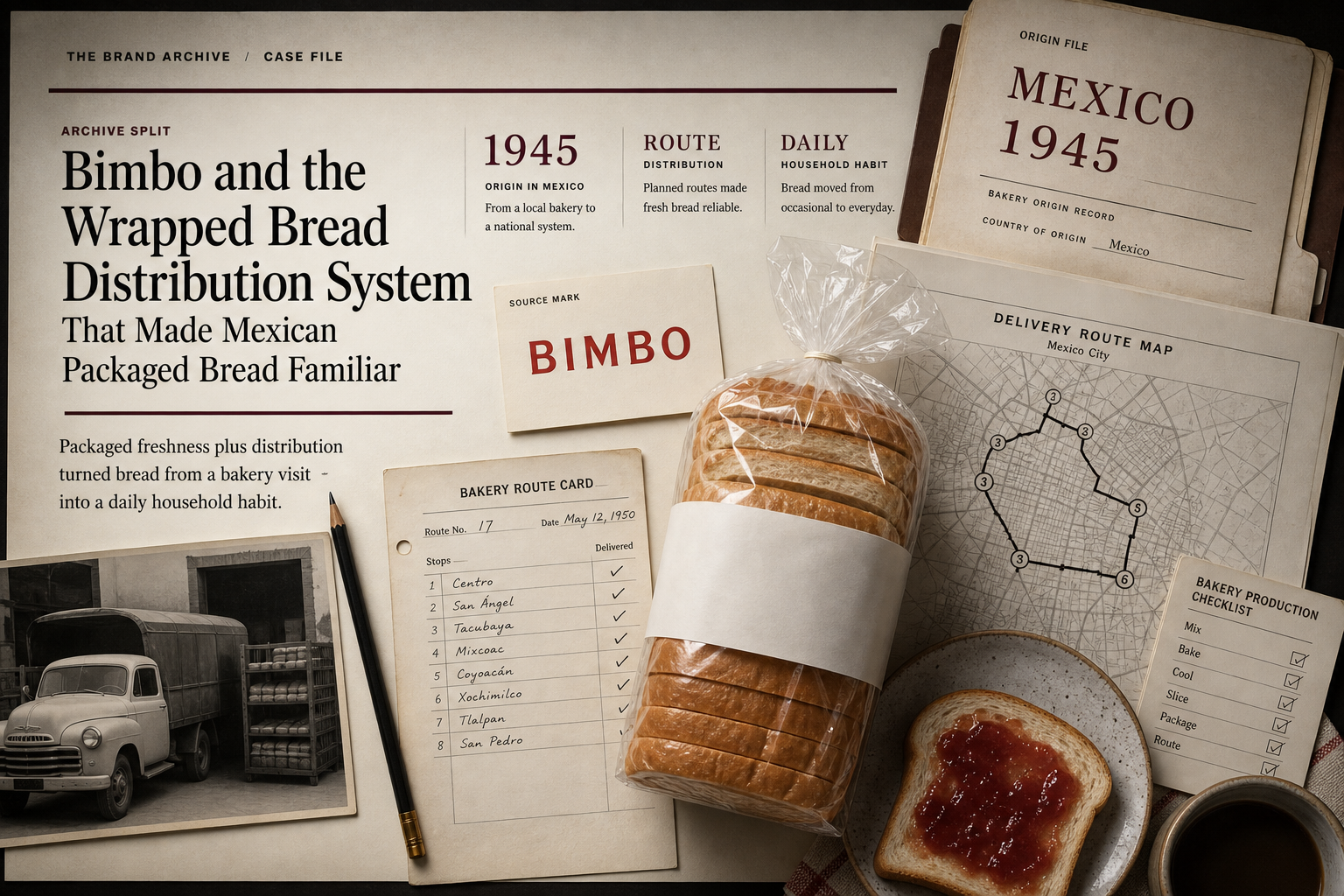 Premium editorial archive still-life of a Bimbo wrapped bread distribution case with source-mark card, wrapped bread loaf, bakery route card, delivery map, production checklist, breakfast plate, and 1945 origin file