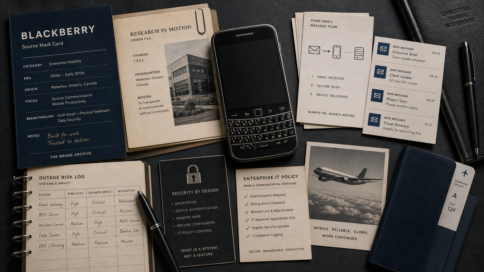 Premium editorial archive still-life of a BlackBerry secure mobile work case with source-mark card, generic keyboard smartphone, push email cards, enterprise IT policy sheet, encryption card, origin file, travel notebook, and outage-risk ledger
