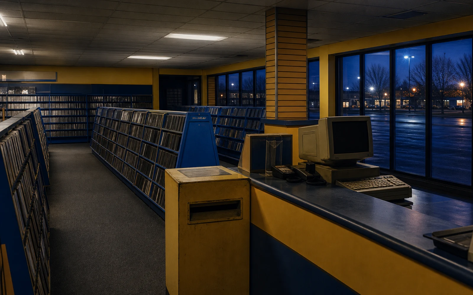 Empty blue-and-yellow video rental store after closing with long shelves, return slot, and darkened checkout aisle.