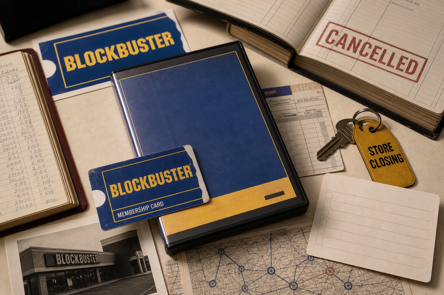 Premium editorial archive still-life of a Blockbuster failed-brand case with blue and yellow source-mark cards, DVD rental sleeve, membership card, cancelled ledger, store-closing key tag, late-fee notes, and streaming replacement map