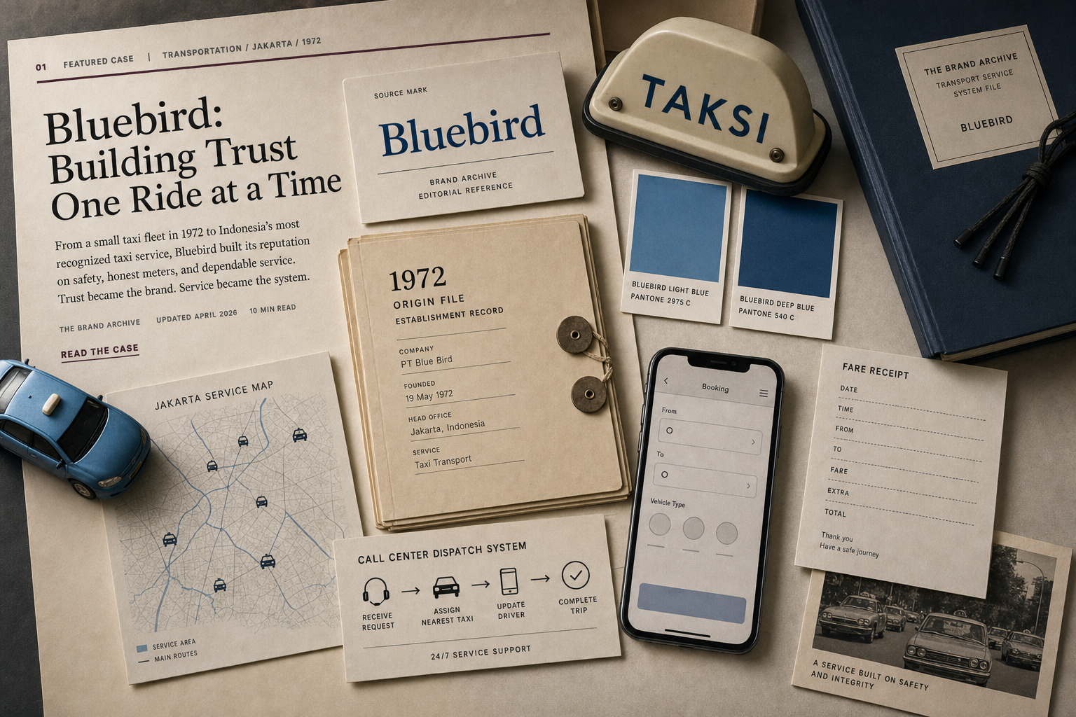 Premium editorial archive still-life of a Bluebird taxi trust case with source-mark card, light-blue taxi swatches, Jakarta street map, taxi roof light silhouette, blank fare receipt, dispatch card, app booking wireframe, and 1972 origin file