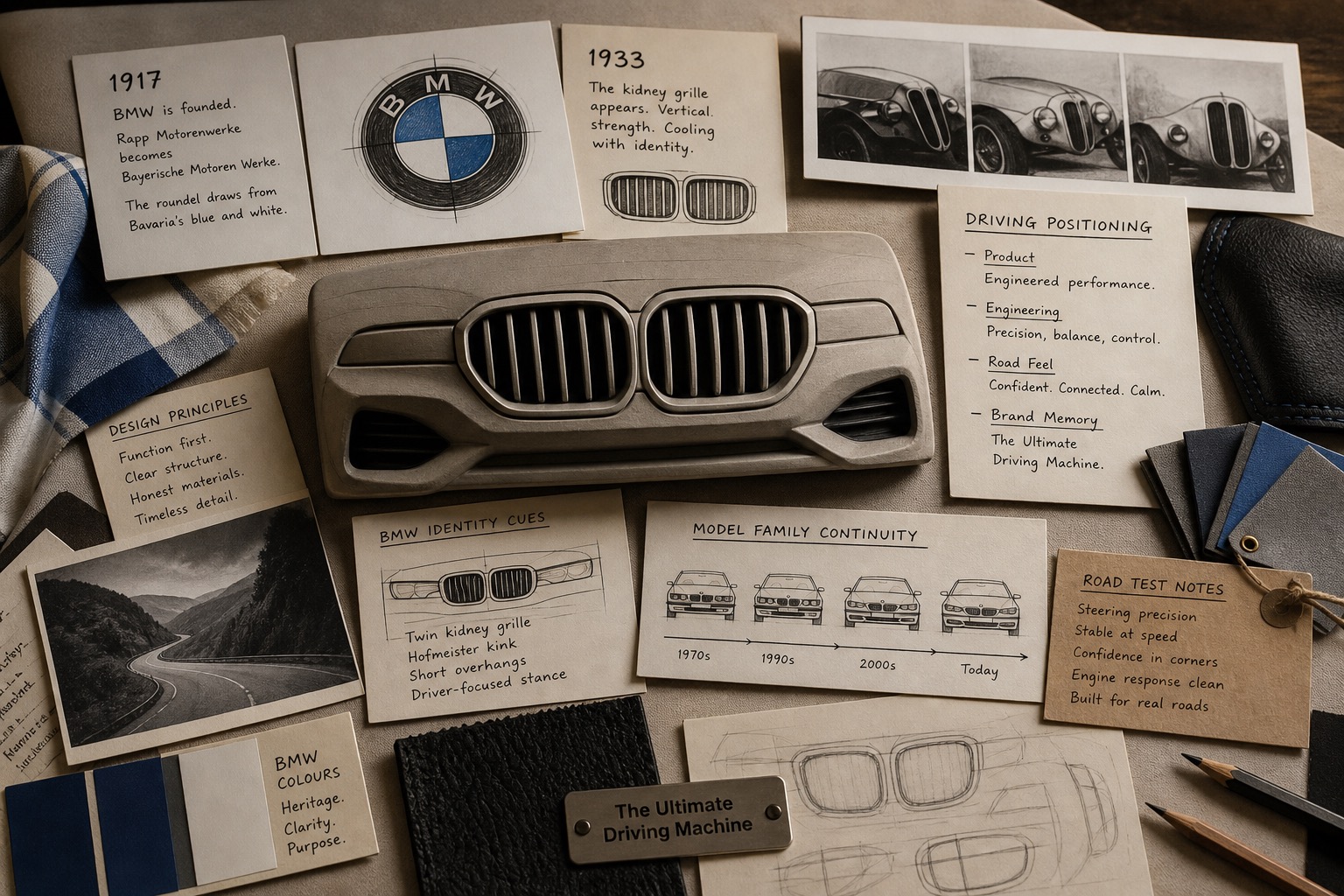 Premium editorial archive still-life of a BMW kidney grille driving identity case with roundel source-mark card, grille study, blue-white color chips, 1917 card, 1933 card, road-test notes, and model-family continuity diagram