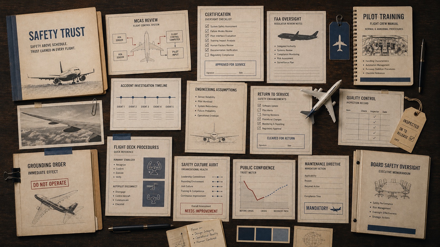 Premium editorial archive still-life of a Boeing 737 MAX safety trust case board with generic airliner silhouettes, MCAS review card, certification checklist, FAA oversight notes, grounding order, pilot training manual, return-to-service file, safety culture audit, quality-control tags, and public confidence chart