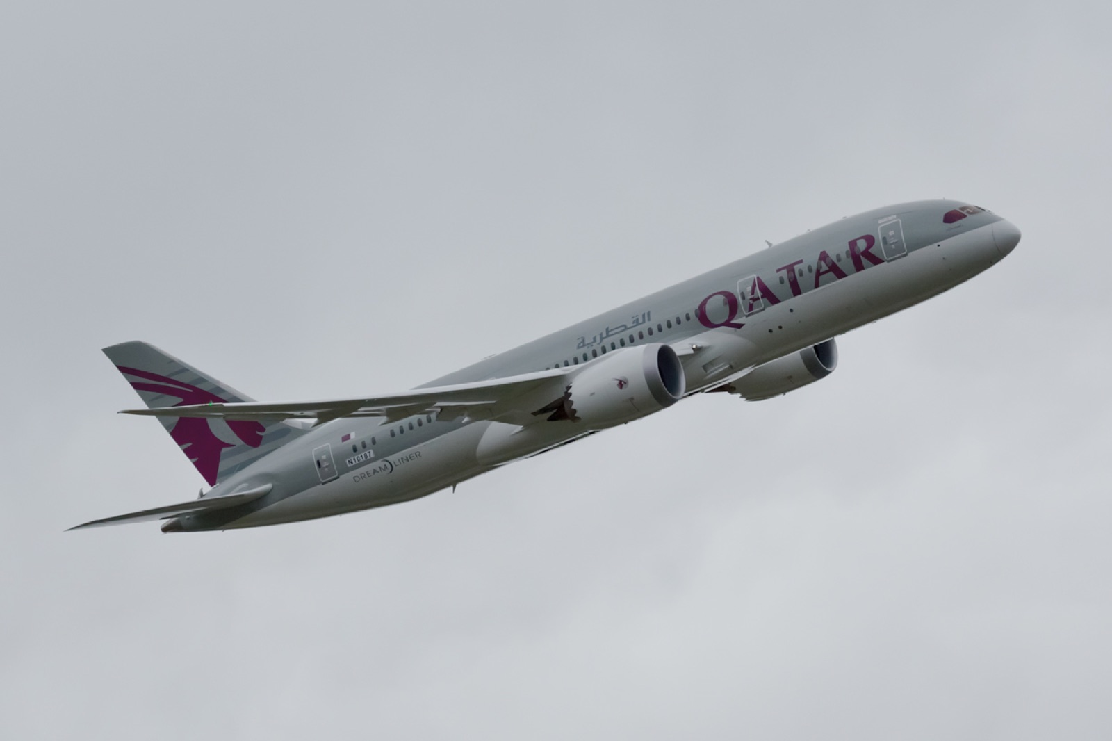 Boeing 787 Dreamliner climbing after takeoff, showing the long-span wing and modern widebody profile.