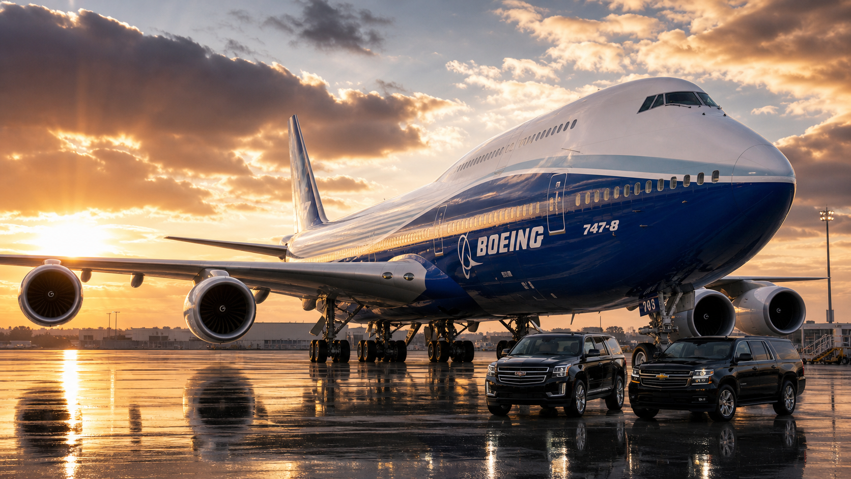 Generated Boeing 747-8 apron scene with Boeing markings and American SUVs for scale.