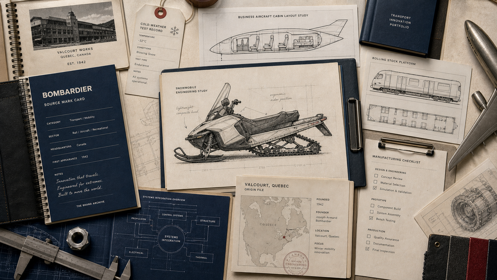 Premium editorial archive still-life of a Bombardier mobility engineering case with source-mark card, generic snowmobile sketch, aircraft cabin layout, railcar diagram, Valcourt origin file, manufacturing checklist, and systems blueprint