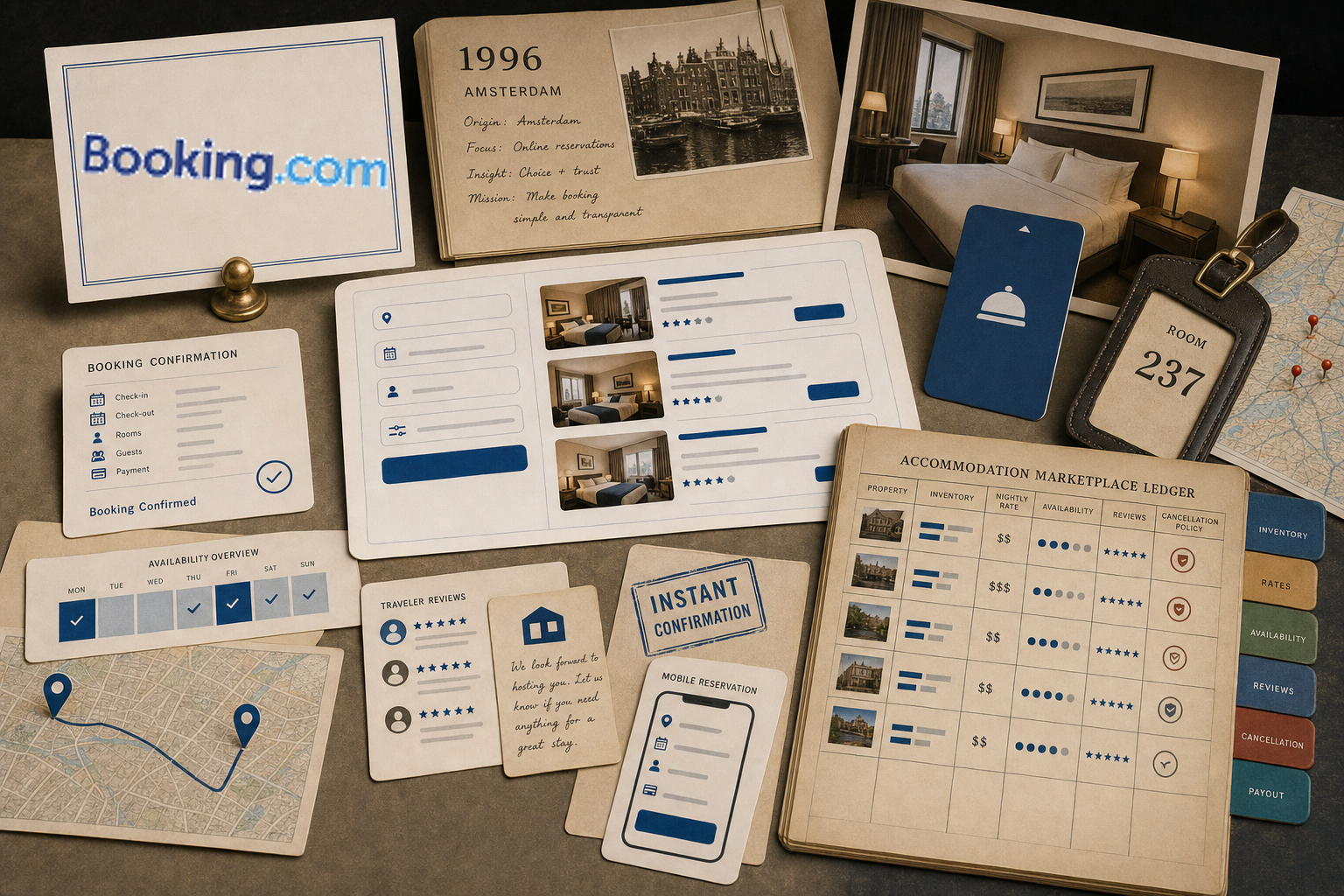Premium editorial archive still-life of a Booking.com accommodation marketplace case with Booking.com source-mark card, 1996 Amsterdam origin file, hotel room keycard, accommodation search study, availability strip, review cards, mobile reservation card, map route card, and marketplace ledger
