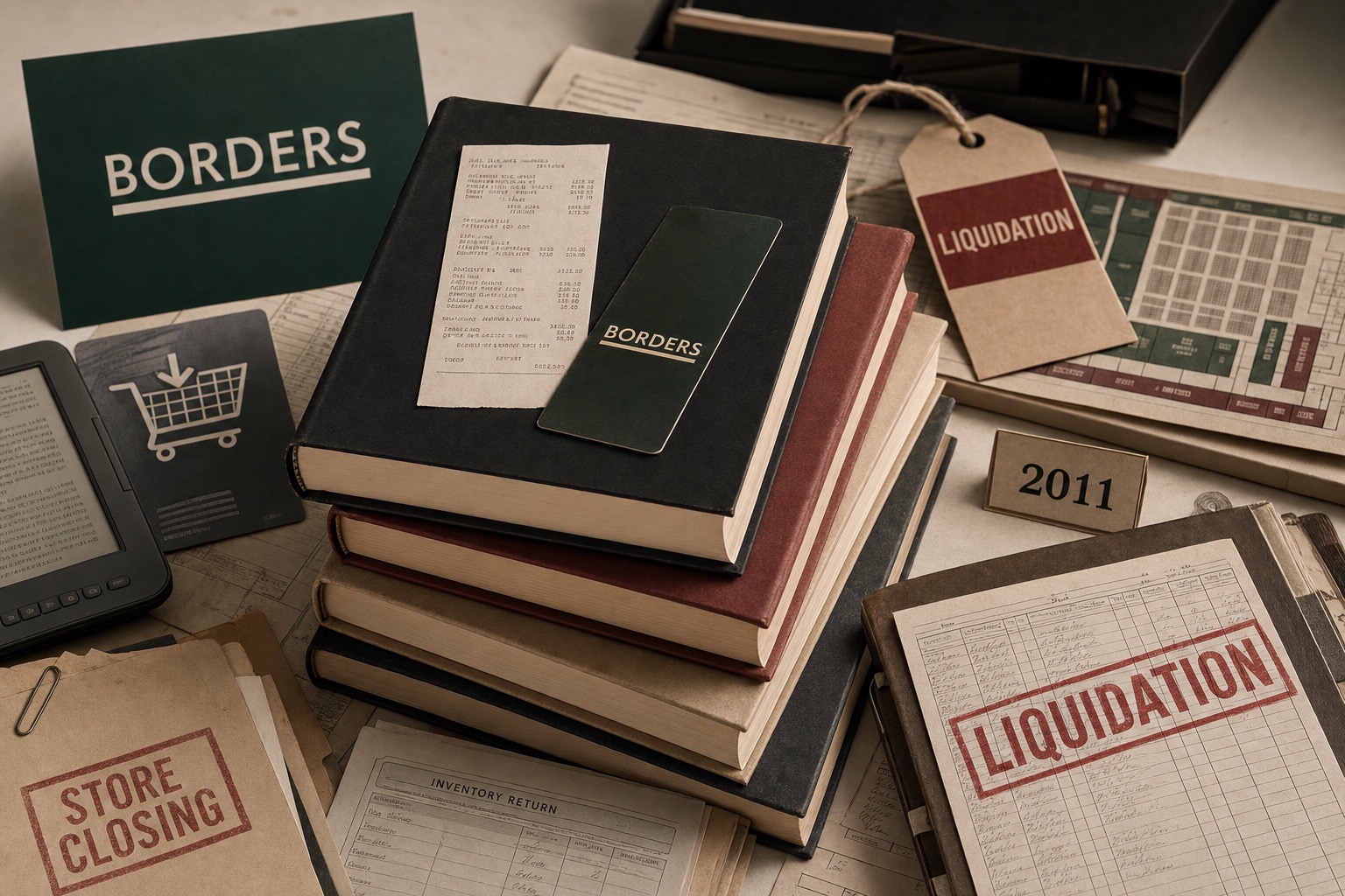 Premium editorial archive still-life of a Borders failed-brand case with dark-green source-mark cards, generic book stack, bookstore receipt, bookmark card, e-reader pressure card, liquidation tags, 2011 marker, and inventory-return ledger