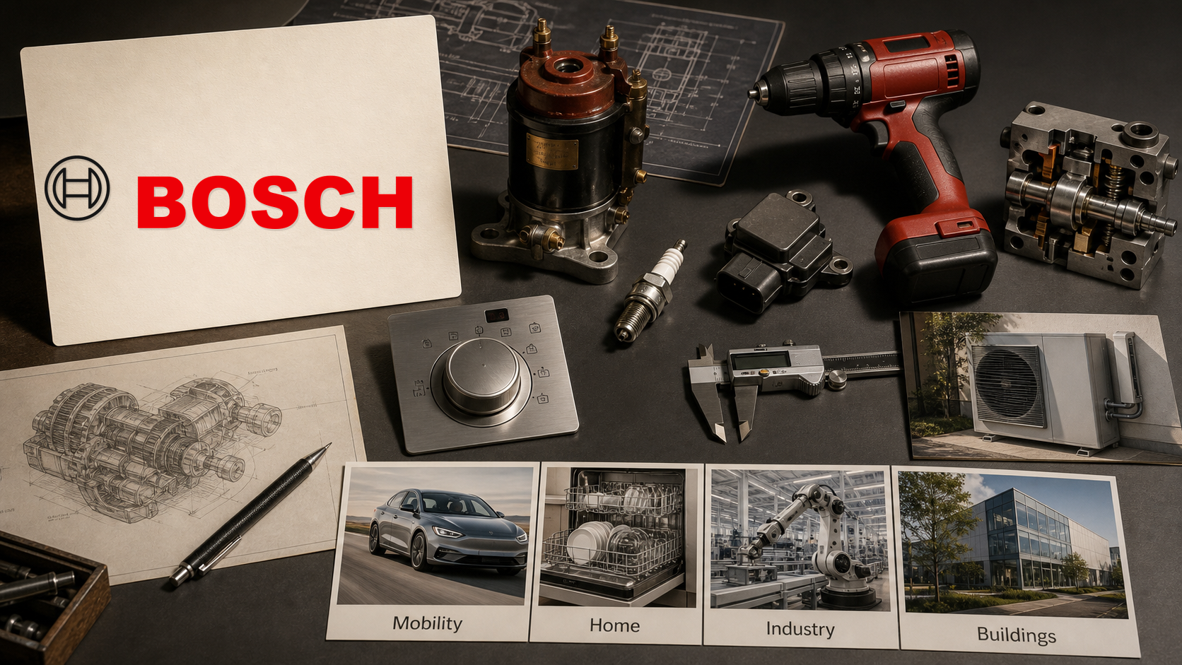 Premium editorial archive still-life of a Bosch precision-to-everyday-technology system with Bosch source-mark card, magneto ignition coil, spark plug, vehicle sensor, cordless drill, appliance dial, industrial control block, heat-pump card, calipers, and category grid