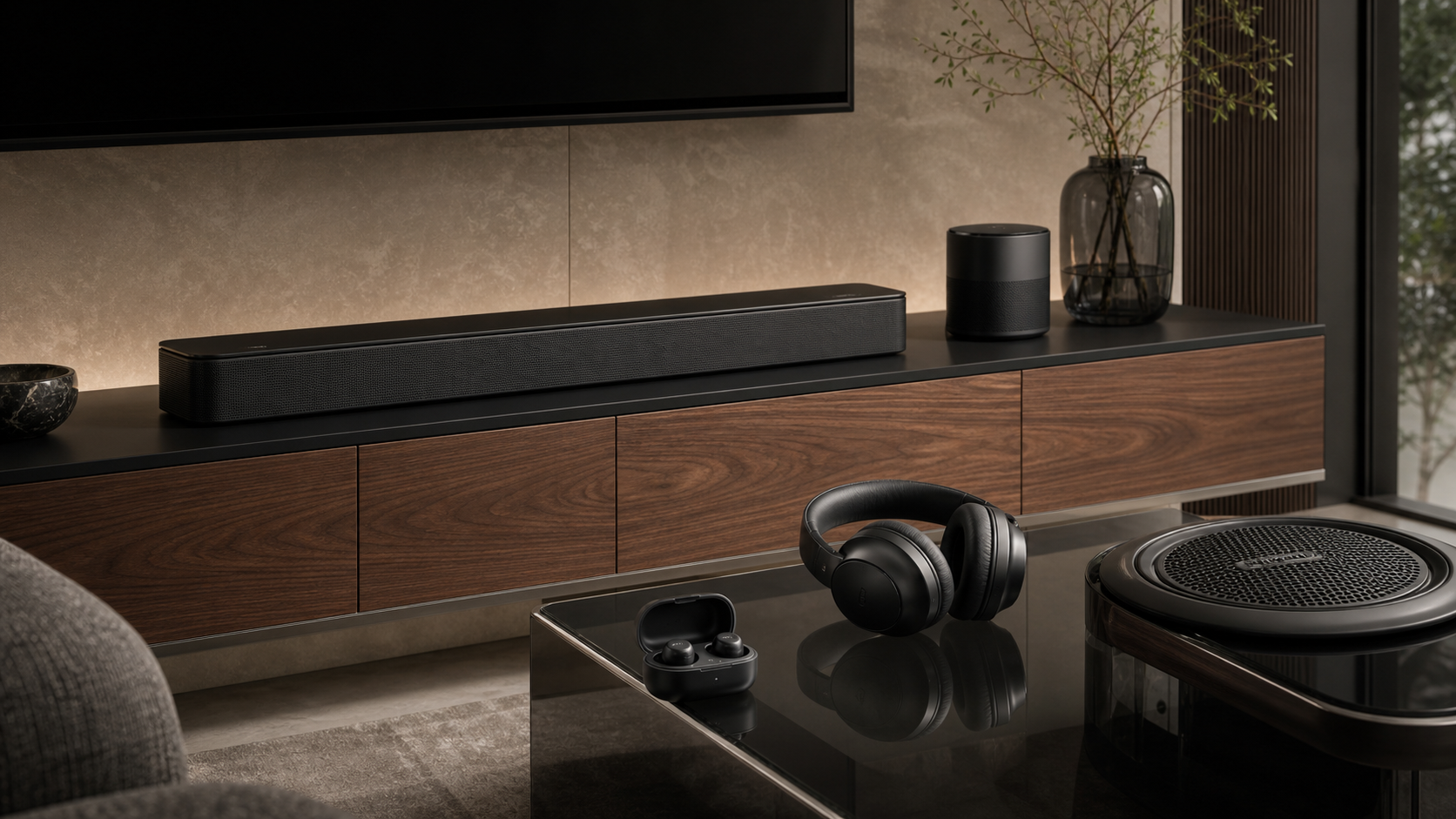 Bose-style premium home audio ecosystem with soundbar, compact speaker, headphones, earbuds, and automotive speaker grille cue, with no logos or lettering.