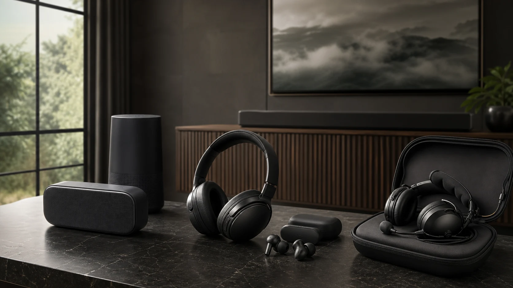 Premium audio listening room with headphones and speakers, no logos
