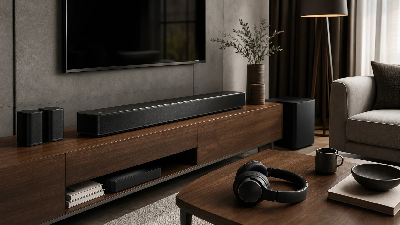 Bose-style home audio setup with soundbar, compact speakers, subwoofer, and headphones in a premium living room, no logo text.