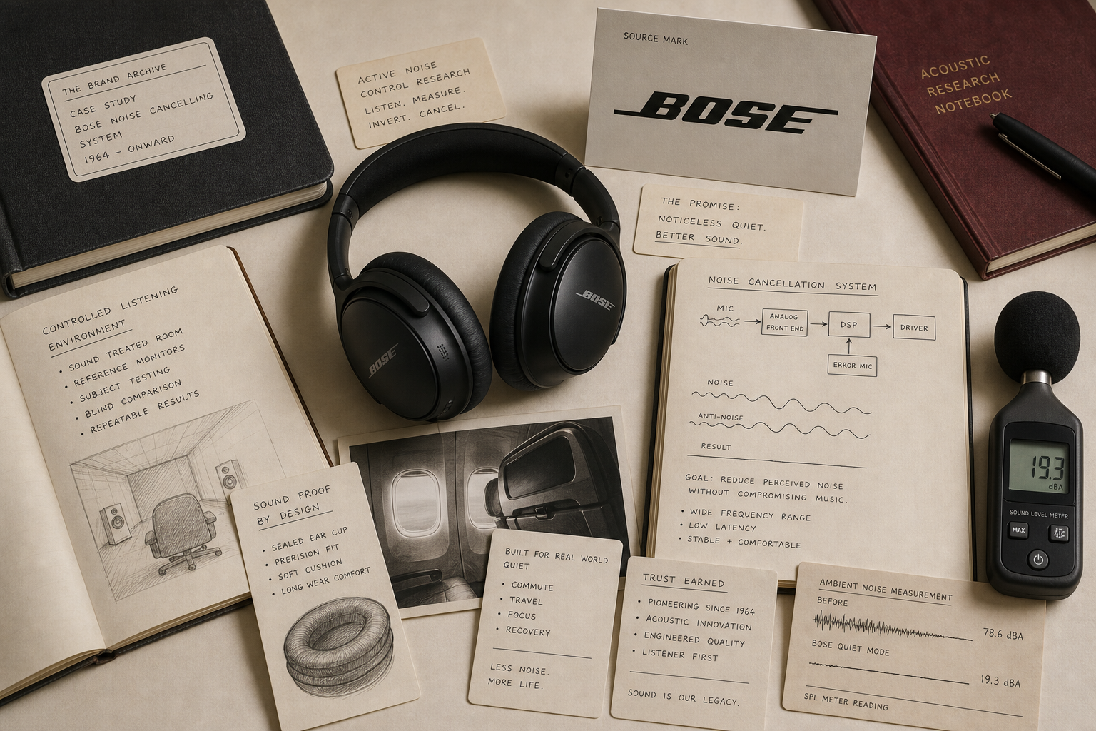 Premium editorial archive still-life of a Bose noise-cancelling audio case with Bose source-mark card, over-ear headphones, acoustic wave notes, cabin quiet cue, sound meter card, earpad study, and controlled listening materials