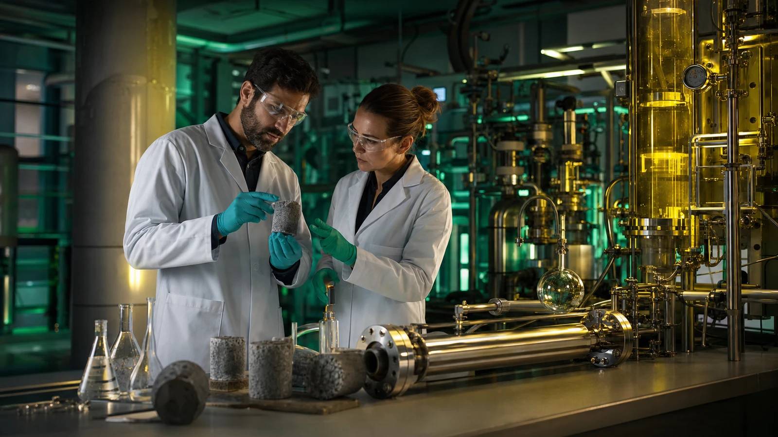 Scientists examine catalyst materials in an energy laboratory.