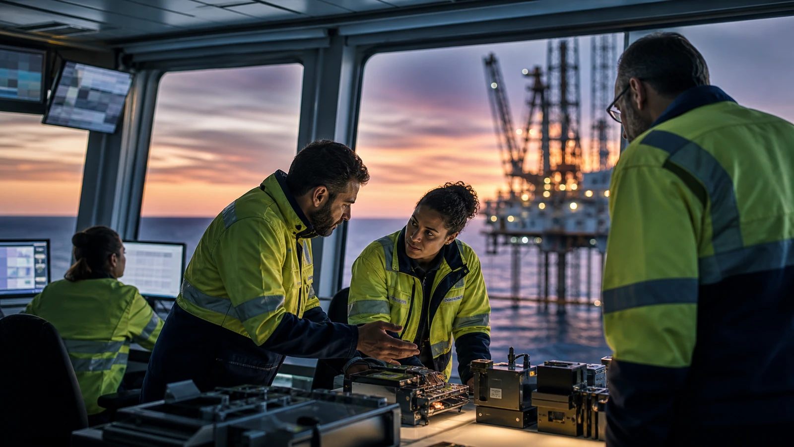 Engineers coordinate offshore energy operations at dawn.