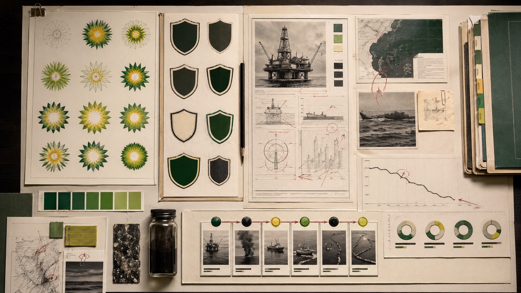 Premium editorial archive still-life of energy identity studies, shield sign silhouettes, oil-rig risk memos, spill-response cards, color swatches, and reputation charts