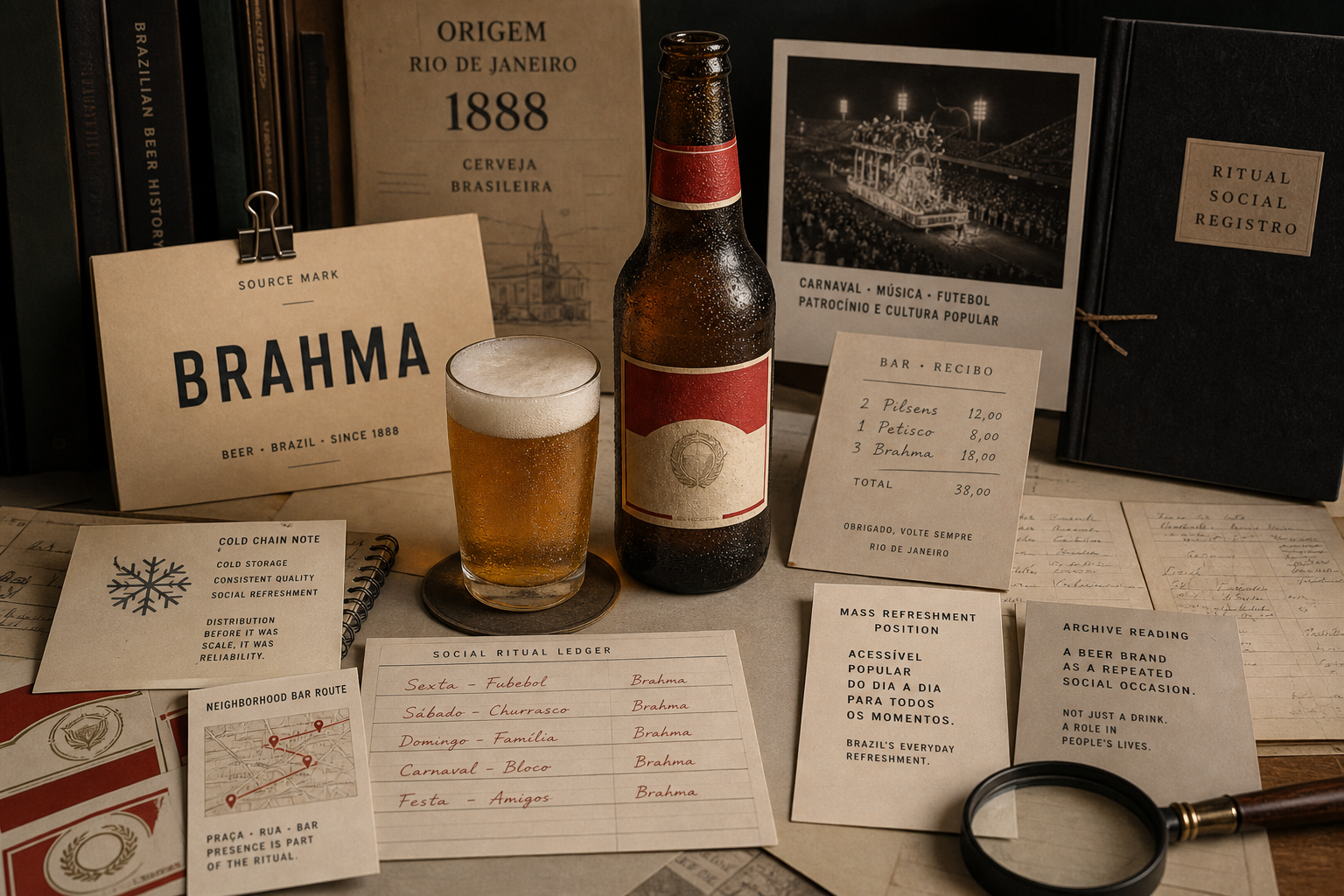 Premium editorial archive still-life of a Brahma beer ritual case with source-mark card, rights-safe amber bottle, chilled glass, 1888 Rio de Janeiro origin file, bar receipt dummy, cold-chain note, sponsorship memory card, and social ritual ledger