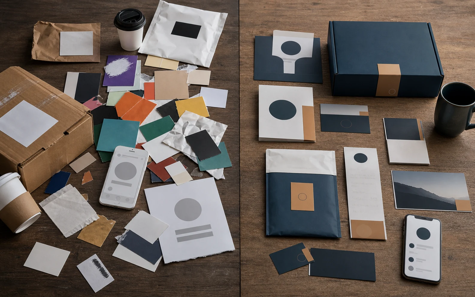 Brand consistency drift visual with a messy unbranded touchpoint pile beside a controlled package, email card, receipt, support card, and website card system.