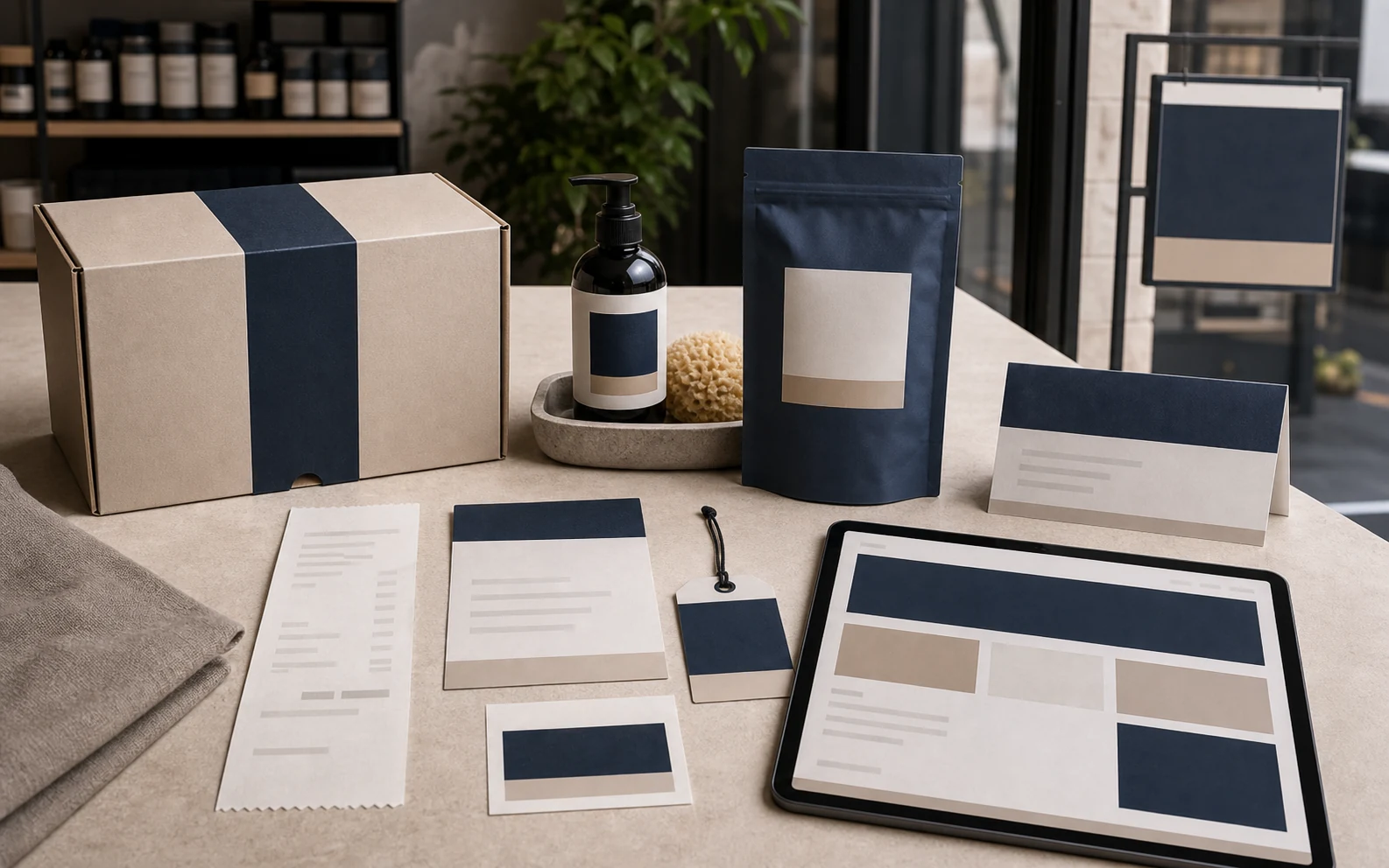 Brand consistency system with unbranded package, receipt fragment, support reply card, delivery label, sign panel, service artifact, tablet page surface, and product tag.