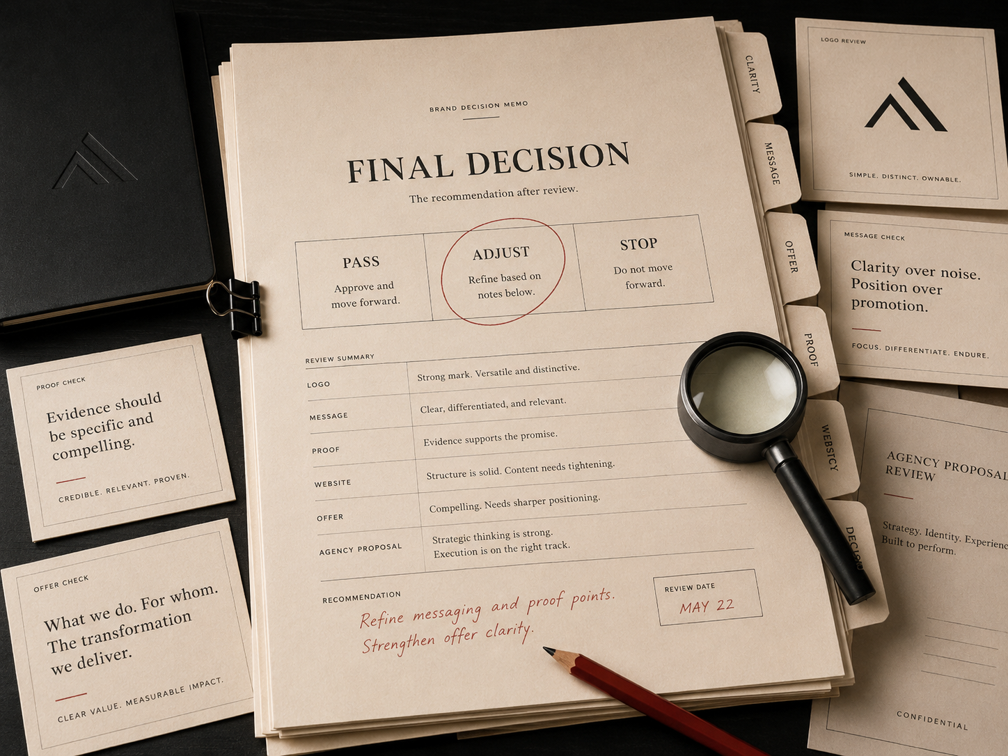 A completed Brand Decision memo showing a PASS, ADJUST, or STOP verdict