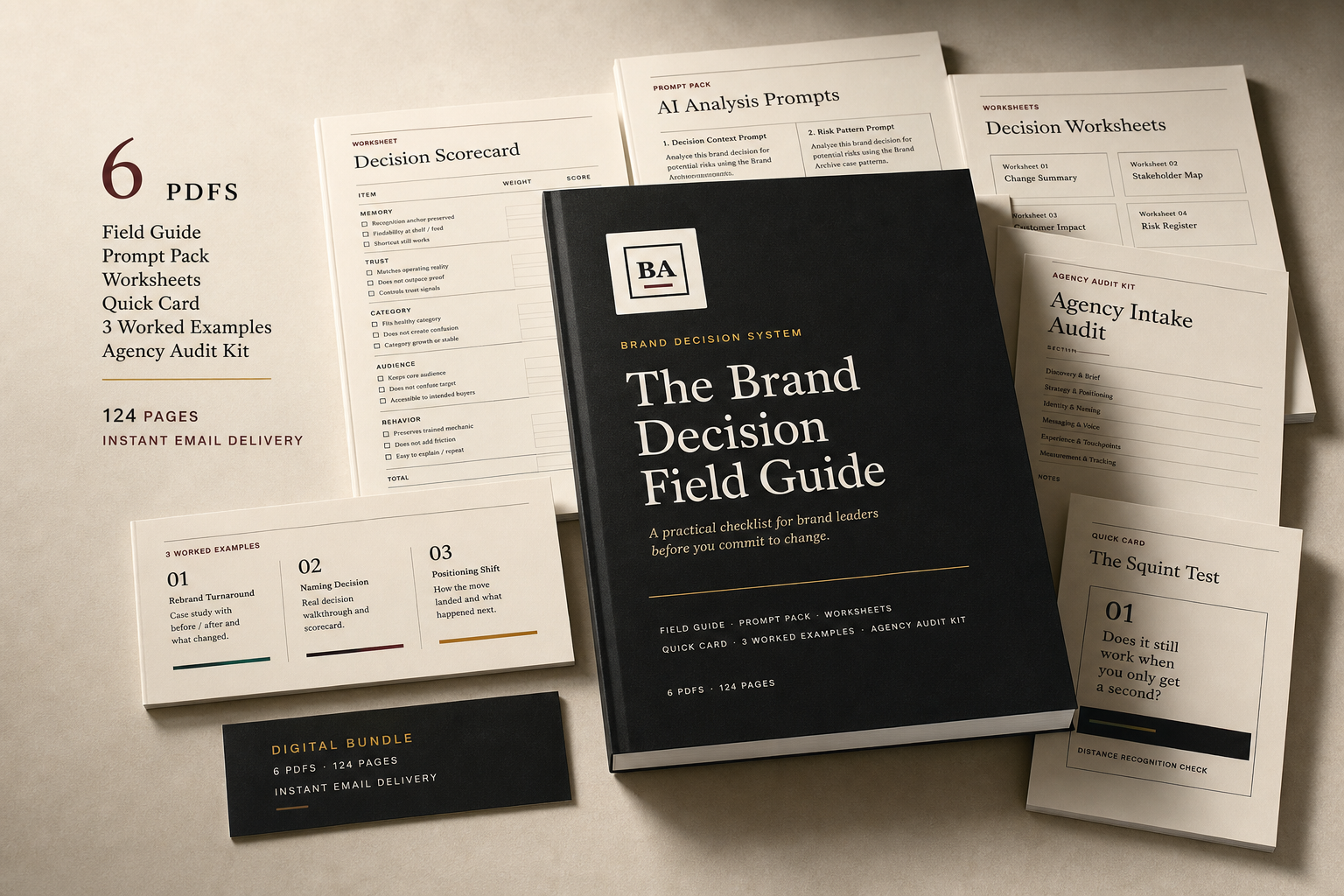 Brand Decision PDF bundle with field guide cover, worksheets, prompt pack, quick card, worked examples, and agency audit kit