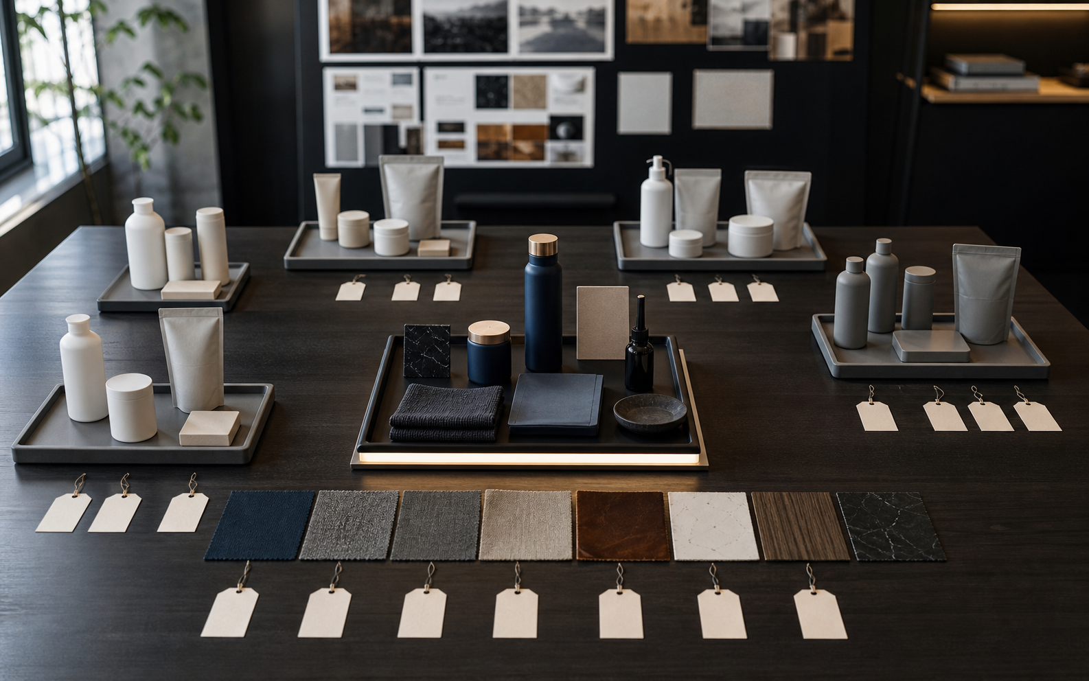 Brand differentiation choice table with unbranded product alternatives, material samples, empty tags, and a selected proof tray.