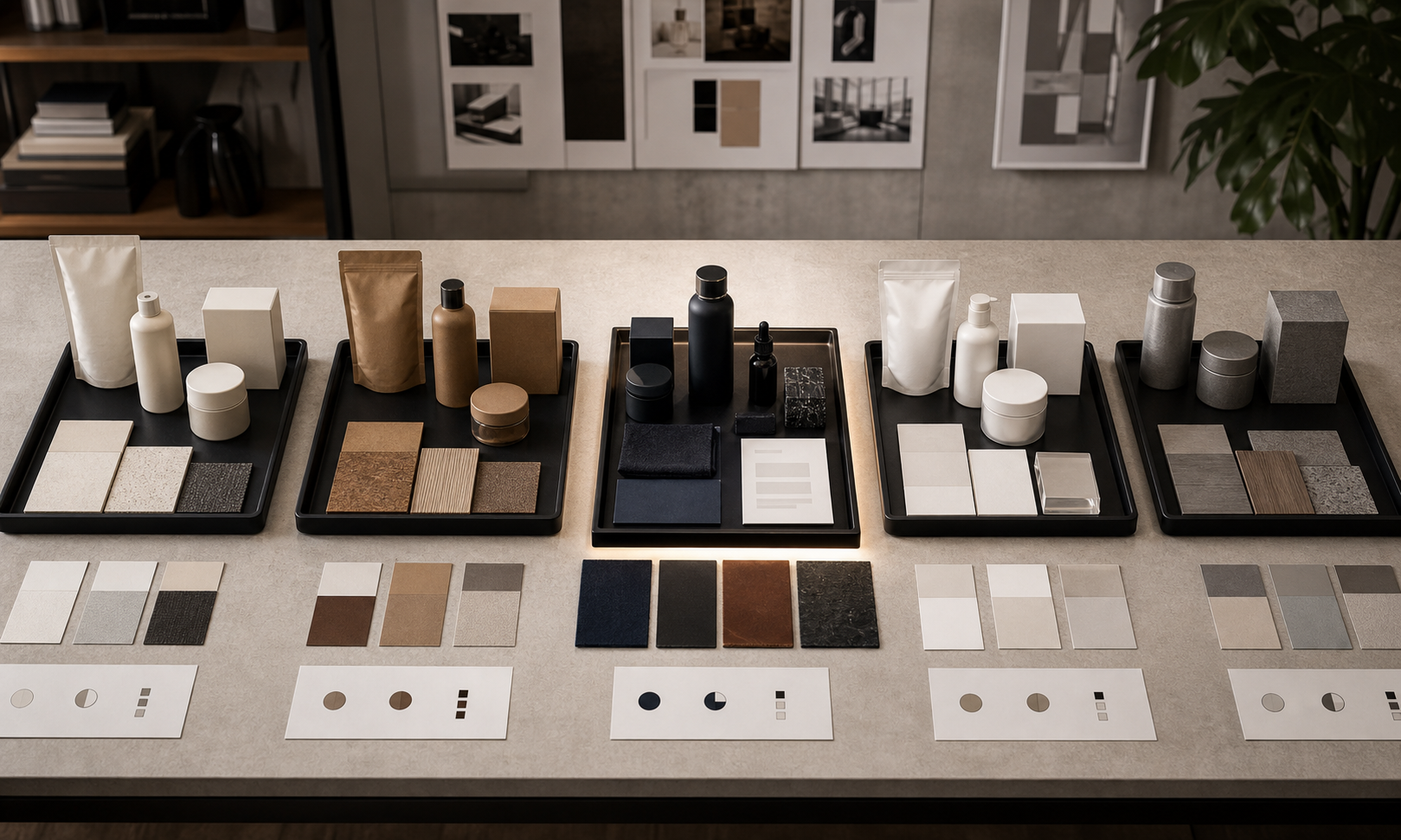 Brand differentiation comparison surface with unbranded alternatives, selected tray, product sample, service artifact, delivery card, and material proof objects.